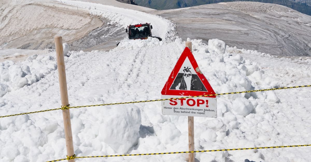 Snowy mountain path with stop sign indicating avalanche risk, Jungfrau region.