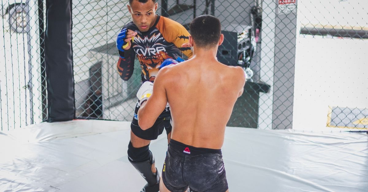 Two athletes engaged in a mixed martial arts sparring session inside a cage.